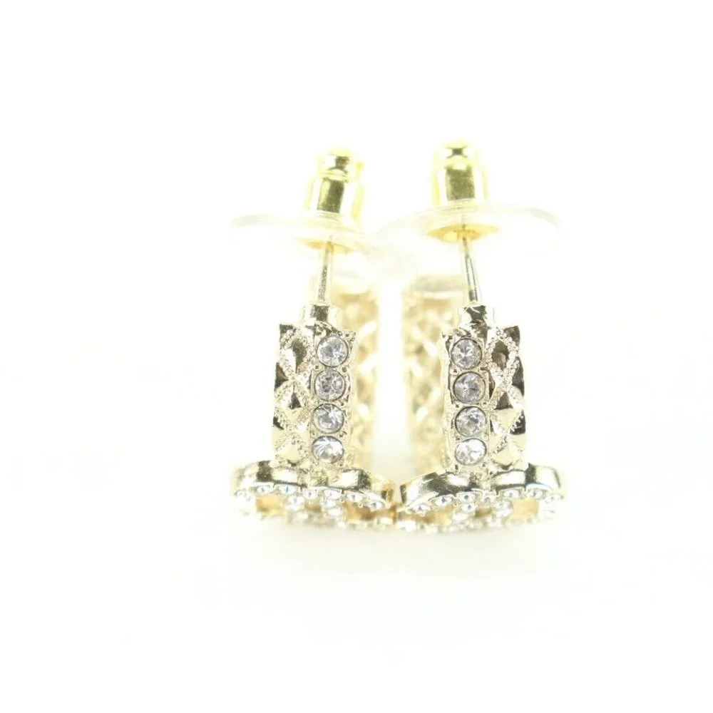 Chanel 23V Gold Quilted Crystal CC Hoop Earrings 5CJ1229